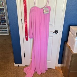 Elegant Pink One-Shoulder or optional Sleeves or stone straps Gown
